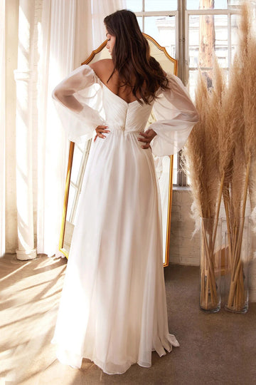 Vestido de fiesta de boda fruncido de manga larga con hombros descubiertos en línea A blanco